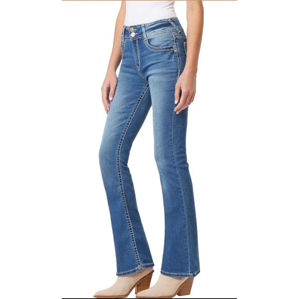 WallFlower Women's Blue Medium Wash Flare Jeans Curvy Fit Stretch Embroidered